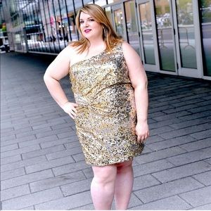 One shoulder gold sequin dress